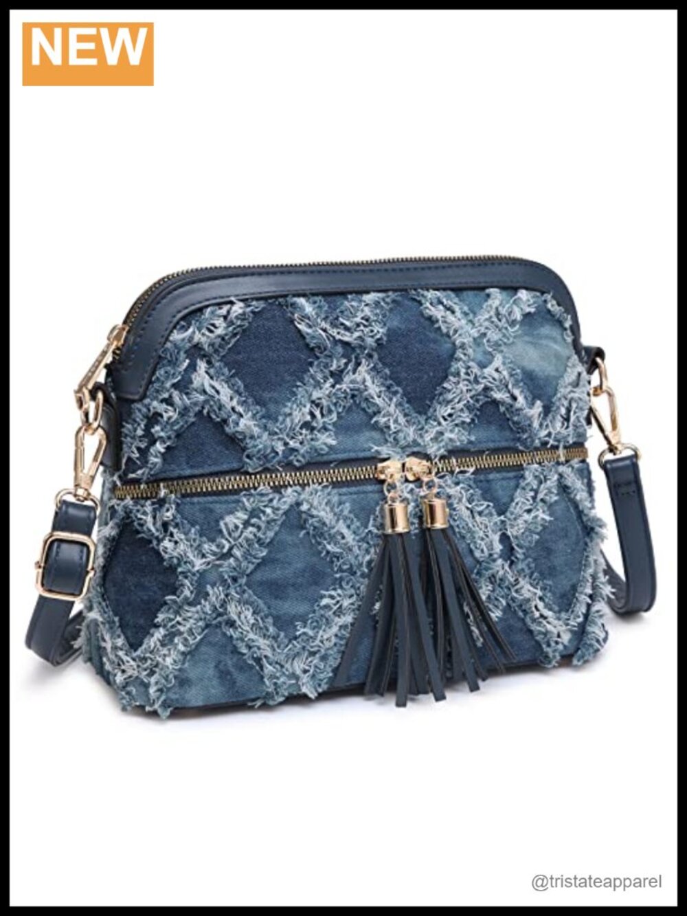 Distressed Denim Crossbody Bag Tassel Zipper Pocket Multi Pockets Travel Purse